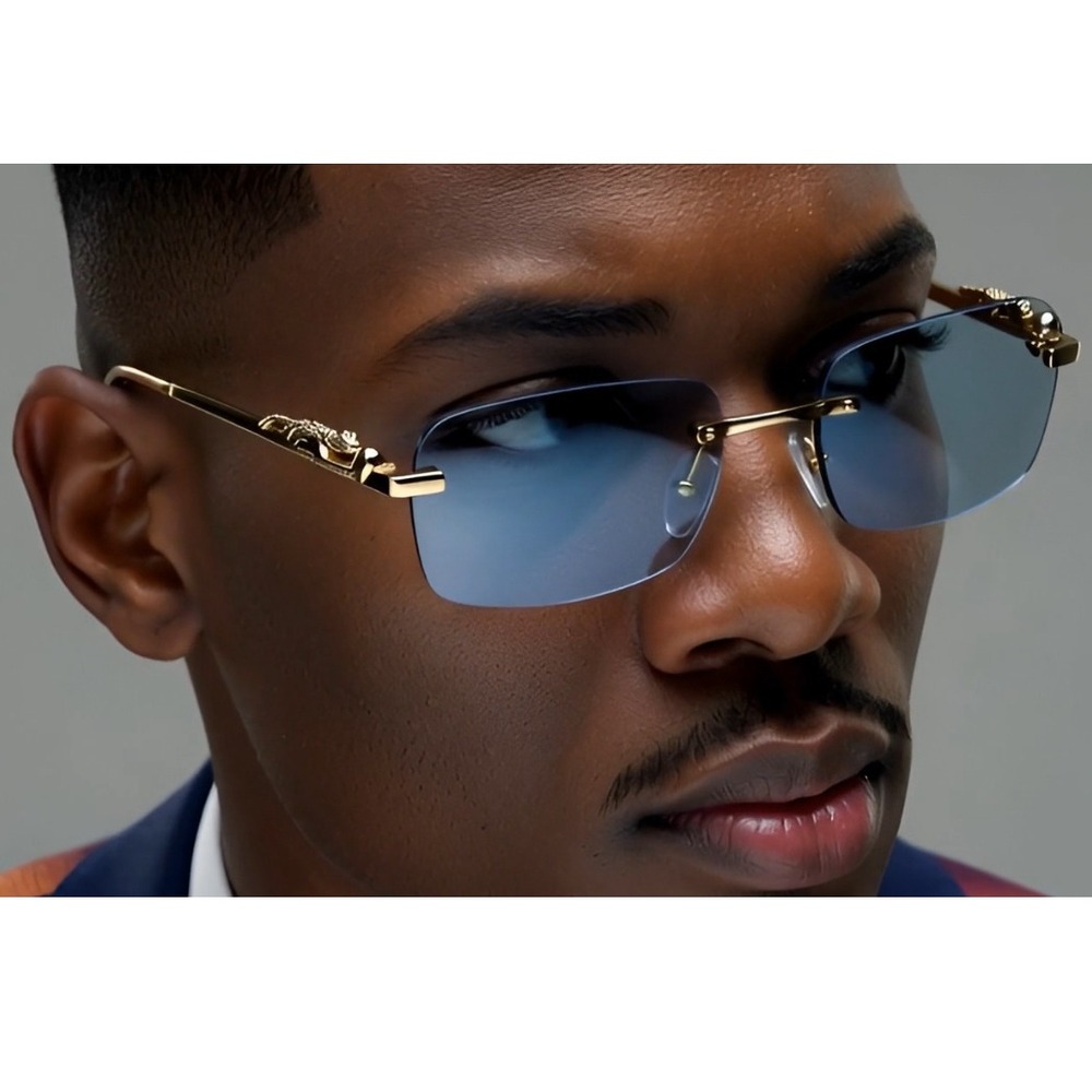 Men Women Rimless‎ Blue Lens Gold Sunglasses Classic Retro Vintage Shades classy